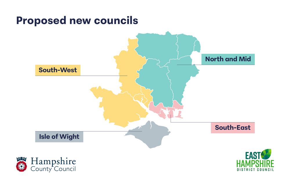 Map of proposed unitary councils split into North and Mid, South-West, South-East and Isle of Wight