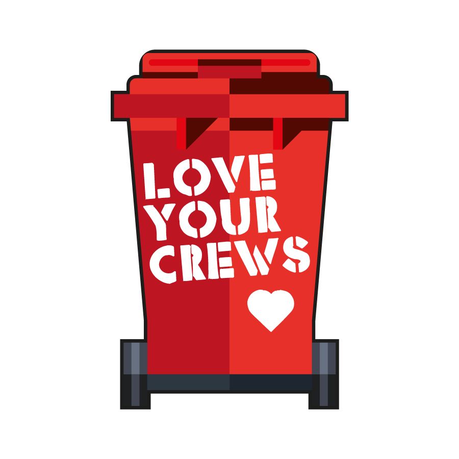Red bin with Love Your Crews on it