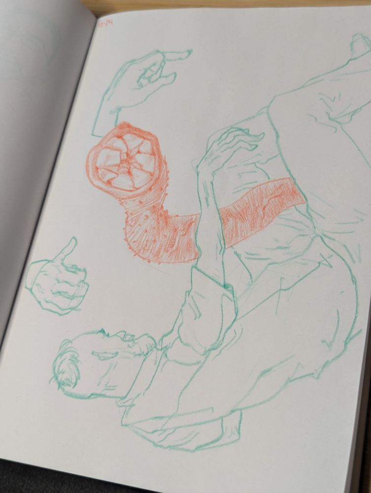 Green pencil sketch of the backside of a bearded lad. A lamprey drawn in red pops up from between the man's legs. Some hand gesture sketches on the left side of the page.