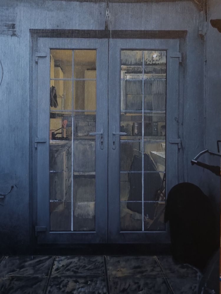 An oil painting in progress of a door and kitchen.