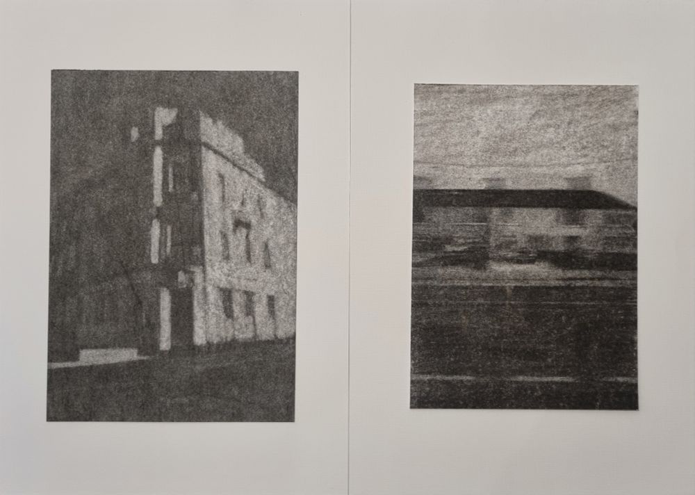 2 charcoal drawings of blurry buildings.