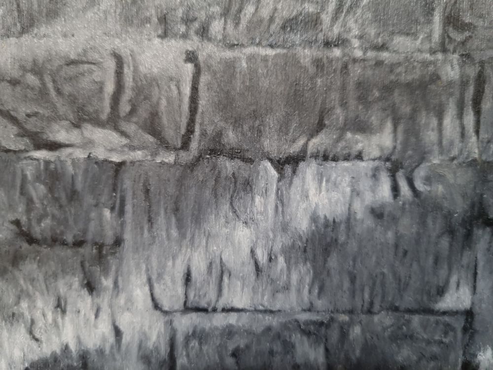A detail of an oil painting of a stone wall.