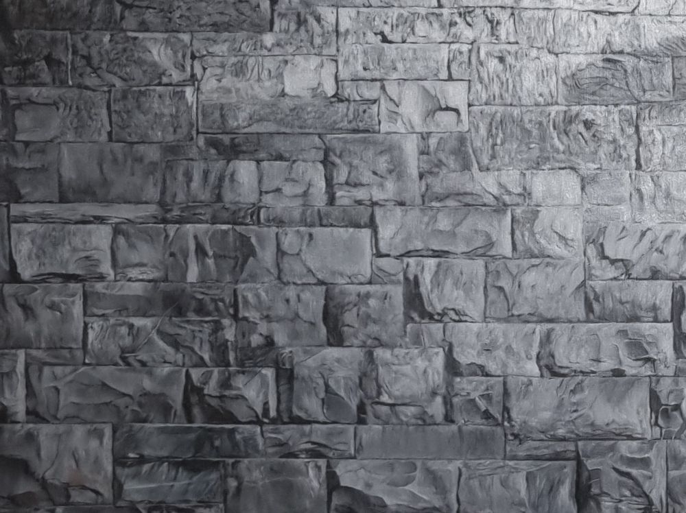 A detail of an oil painting of a stone wall.