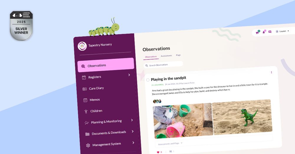 Teaser screenshot of Tapestry's new interface, showing the new side menu and aubergine colours, as well as the London Design Awards Silver badge.