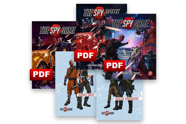 The front covers of The Spy Game, The Spy Game: GM's Screen & Booklet, Spymaster's Toolkit, Mission One: Deadly Data, Mission Two: Fuelish Endeavor 