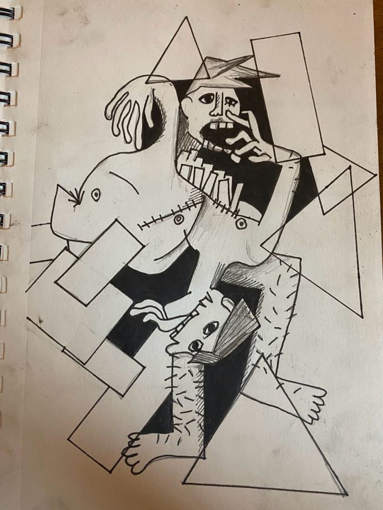 a messy part pencil part black marker abstract drawing. a conglomeration of body parts and two strange hears framed by overlapping squares and triangles and a field of black behind them. one face has a wide mouth full of exaggerated teeth overextending its face and falling down. two rows of jagged rectangles beneath suggest layers of more teeth below. the other face has some upper teeth visible and is extending three tongues. there are two chests visible, each with a slanted suggestion of top surgery scars. the legs and arms in the abstract piece are hairy. 
