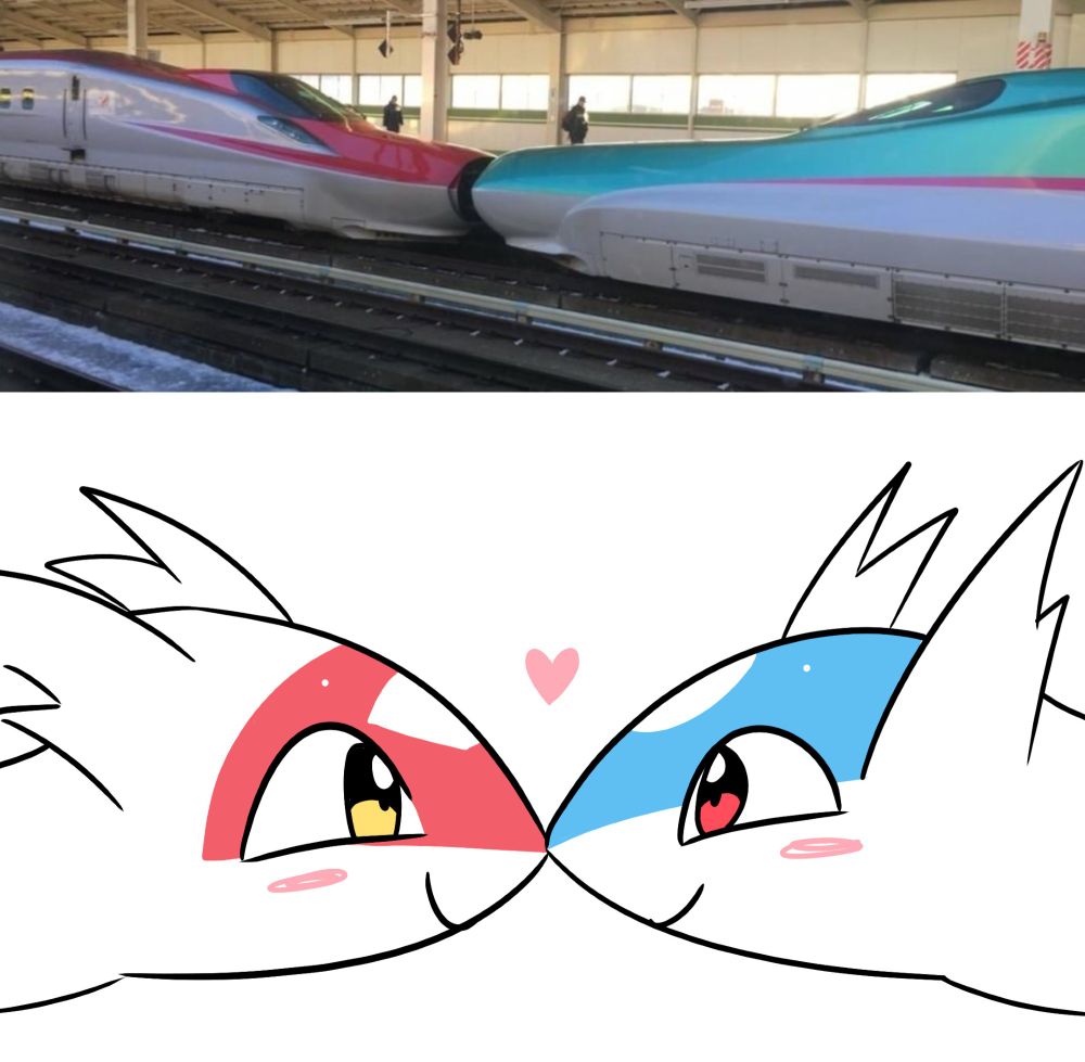 on top: two trains touching, colored red and blue 
on the bottom: latios and latias (pokemon) touching their snouts together