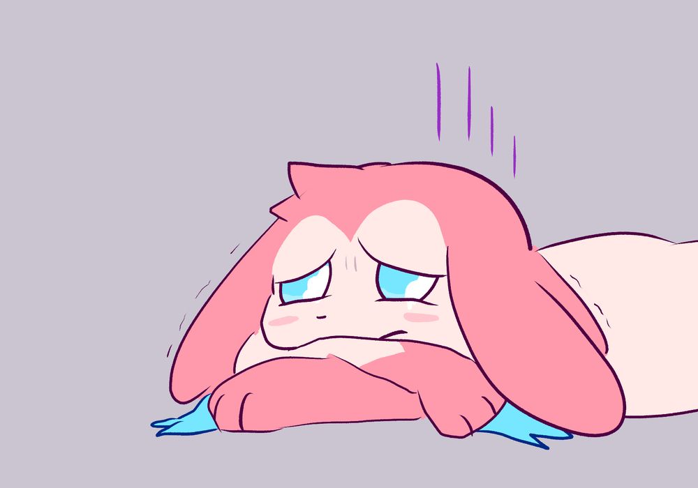 sylveon laying down looking gloomy and sad, with its ears down. don't feel bad for her, she peed on the floor