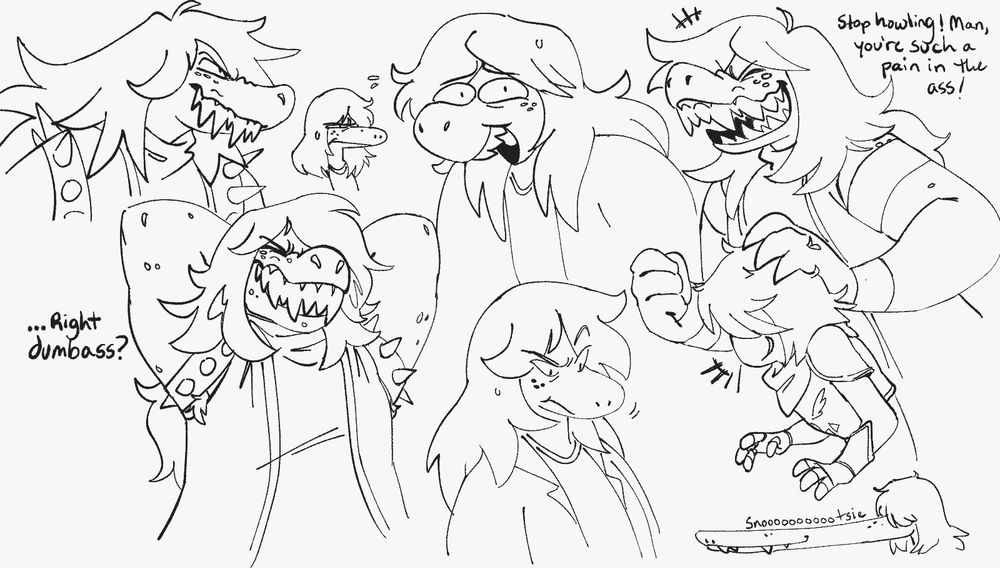 A collage of uncolored drawings of Susie from Deltaune with different shapes and structure; drawn in 2025.