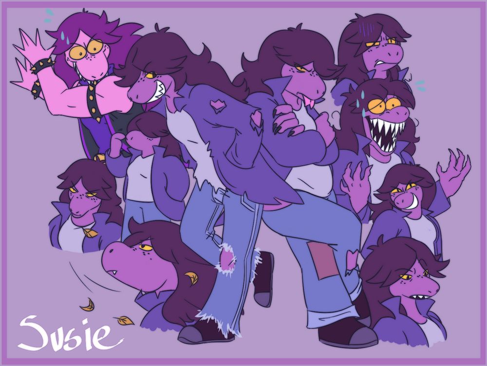 A collage of colored drawings of Susie from Deltaune with different shapes and structure; drawn in 2021.