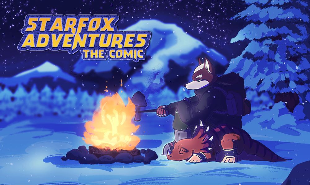 Fox McCloud and the Earthwalker Prince Tricky are camping out in the bitter Snowhorn Wastes. Fox has made a fire and roasting a common Blue Grubtub on a skewer, while Tricky tries to sleep beside him. The artwork is a promotional piece for the Starfox Adventures comic made by Abbystabby (Kaleidosaur) and Smit90 (Tyler N.) to gauge the people's interest in it.