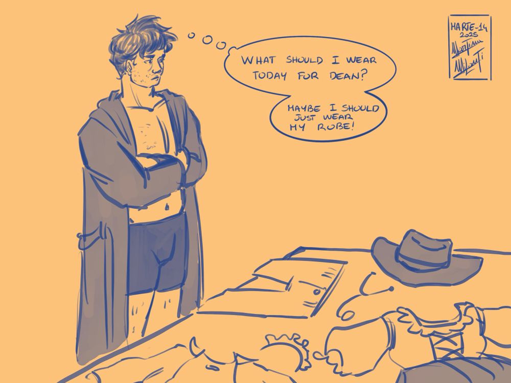 Cas: What should I wear today for Dean?

Cas: Maybe I should just wear my robe!