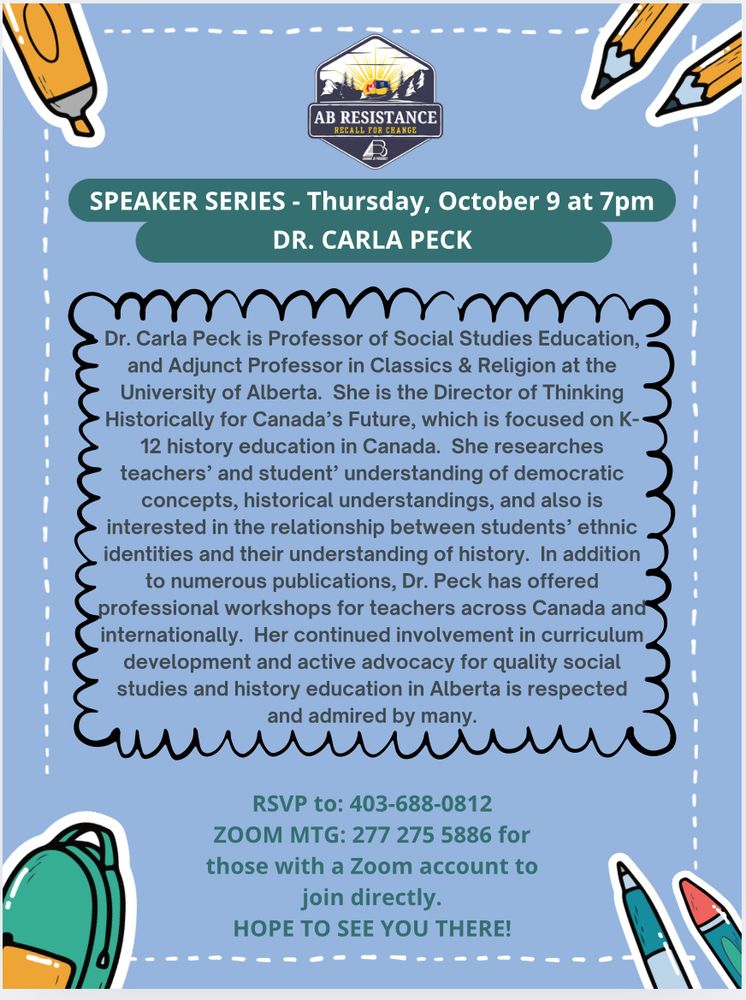 Speaker Series poster for Dr Carla Peck
Thursday Oct 9
RSVP to 403-688-0812 to join the ZOOM