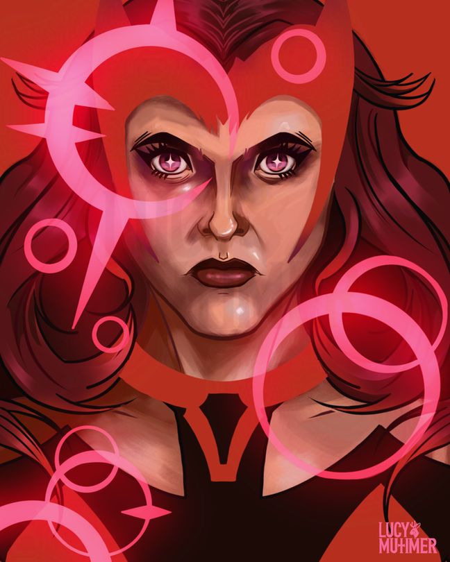 An up close portrait of Wanda Maximoff, the Scarlet Witch, surrounded by pulsing pink sparkly magic. she has stars in her eyes and an intense expression