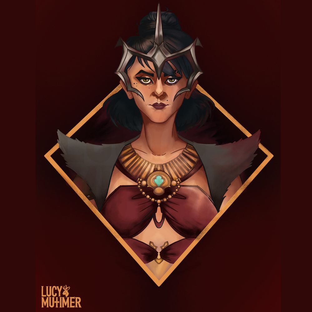 An illustrated portrait of Morrigan from dragon age the Veilguard created by a human and not a shitty el el em. Morrigan is in a gold diamond facing the viewer, she has gold necklaces, a silver diadem on her face, and fuzzy shoulder pads. 