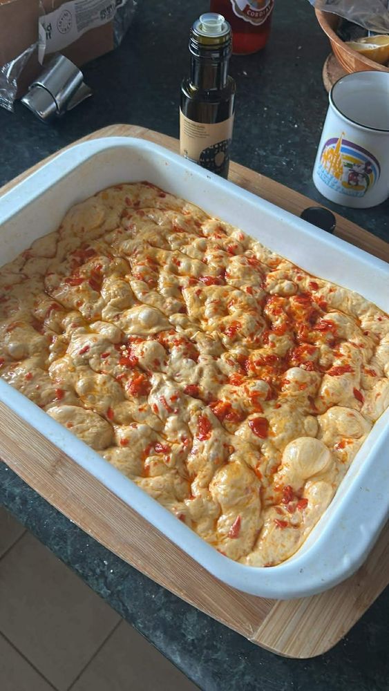 A chilli oil focaccia ready to go into the oven 