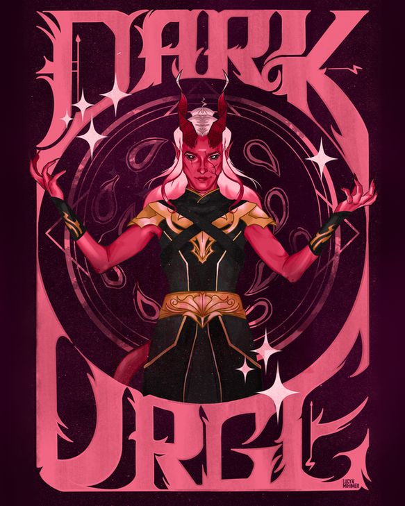 A vintage rock band inspired poster of my Durge OC from Baldur's Gate 3, Dusk. Dusk is a pink Tiefling with white hair and red horns. She stands in a menacing black and gold robe with her hands outstretched. Surrounding her is hand-drawn lettering saying 'Dark Urge'. That text took me a MILLION years to draw.