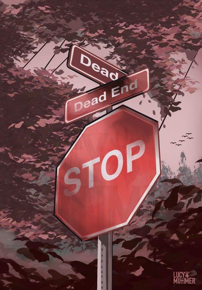 A pink suburban skyline surrounded by foliage. A red stop sign is in the center above it are street signs saying ‘dead end’. 