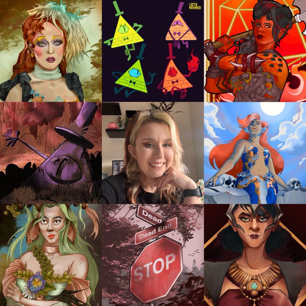 A grid of my illustrations with me in the centre! You can see more of my stuff closer up at lucymutimer.com