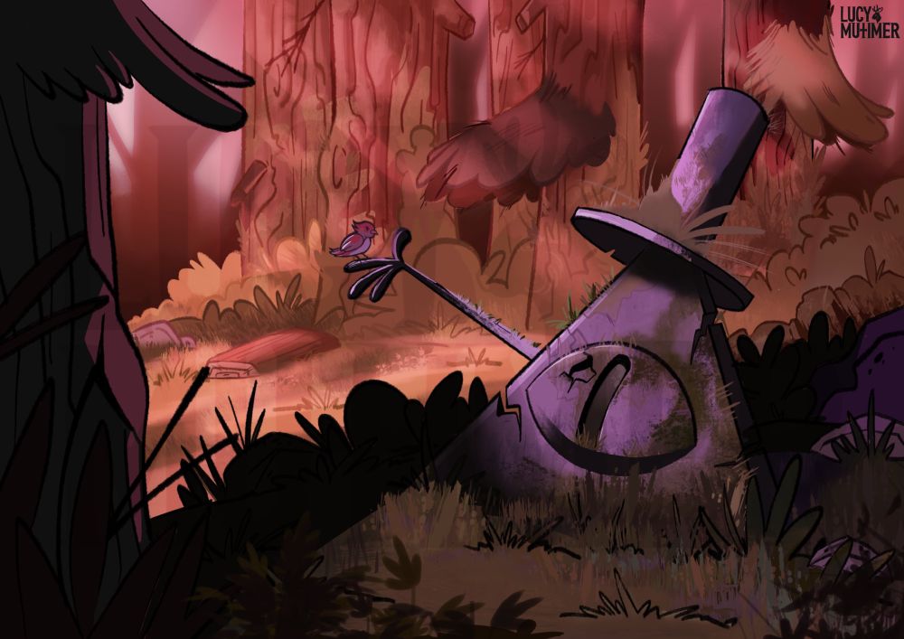 A pink and purple tinged forest with the sun coming through the trees on the left. In the foreground it is dark and forbidding with a purple stone statue of Gravity Falls antagonist Bill Cipher nestled in the grass