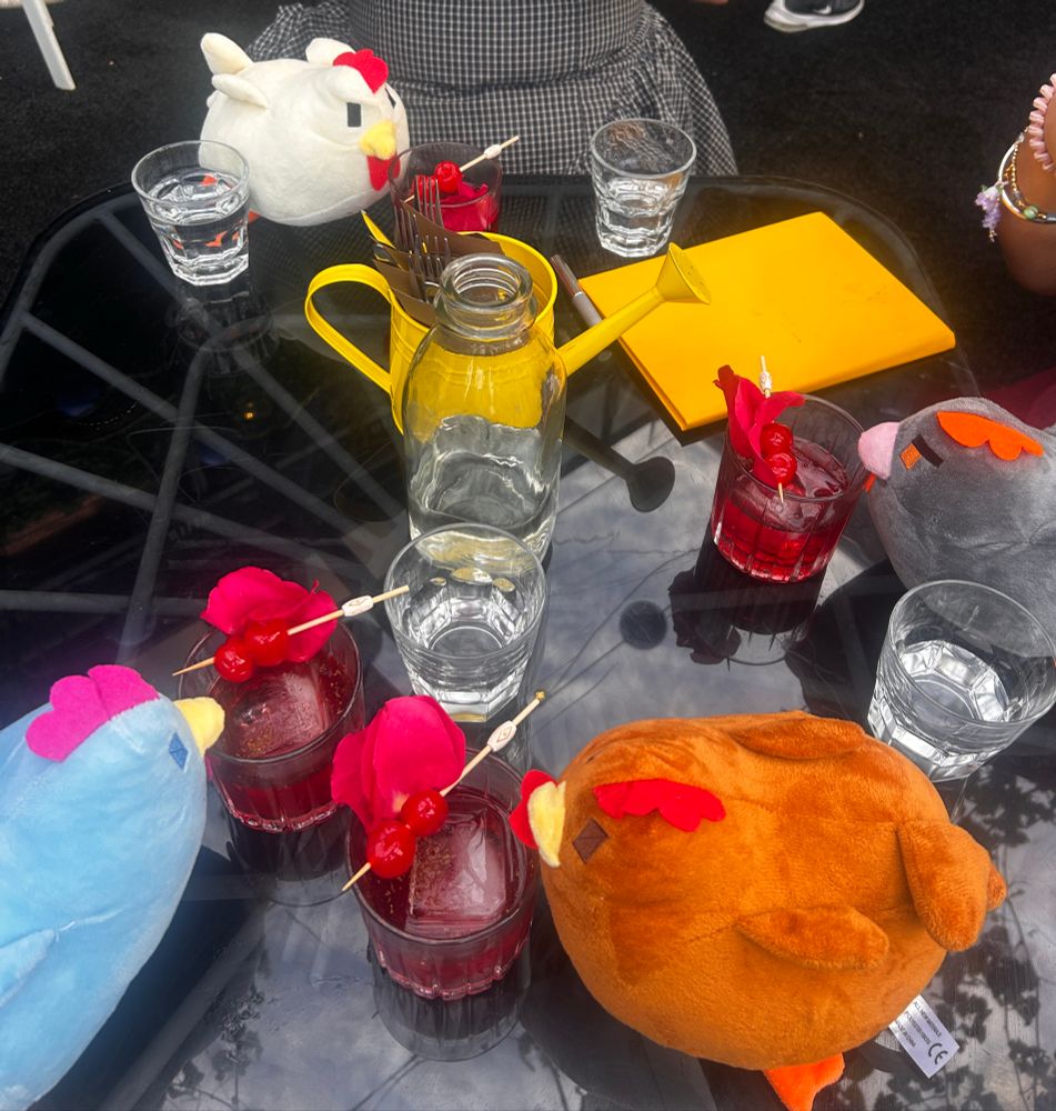 A bunch of stardew valley chicken plushies getting on the drinks
