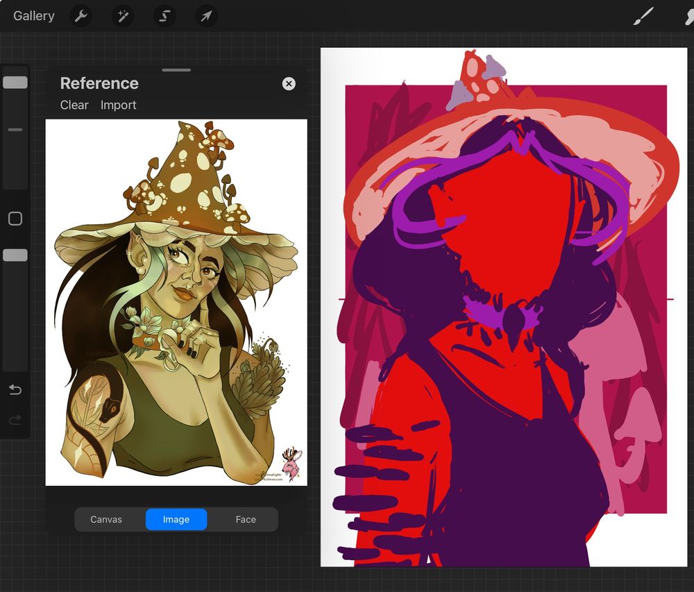 A blotchy obnoxious colour thumbnail of a mushroom witch. To the left is the same witch drawn several years ago 