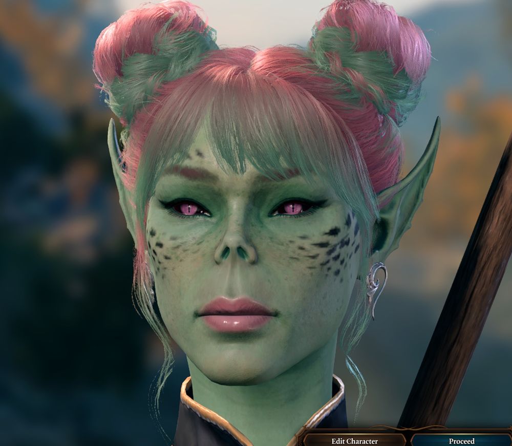 A teal Githyanki from Baldur’s gate 3 with two pink and teal space buns. She is wearing an incredible amount of pink lip gloss