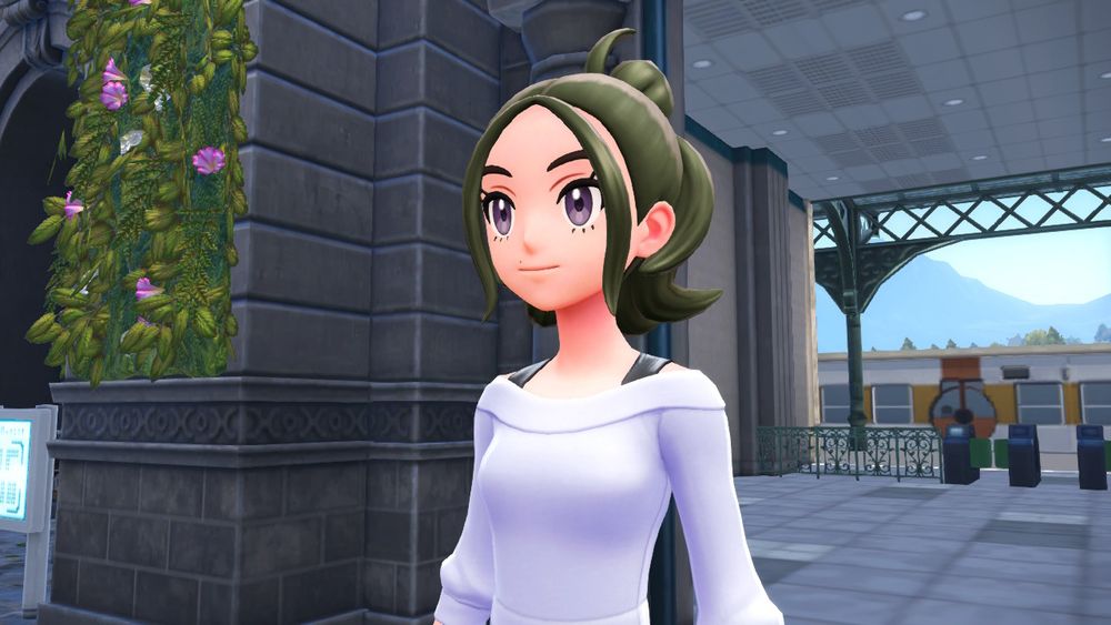 Screenshot of a dark green haired female trainer drone pokemon ZA