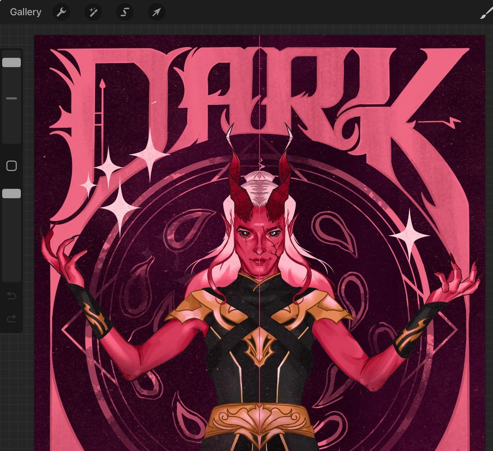 A close up of a pink and purple portrait of my dark urge. It has metal inspired text and a menacing pink Tiefling flexing her arms