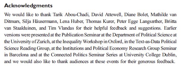 Acknowledgments
We would like to thank Tarik Abou-Chadi, David Attewell, Diane Bolet, Mathilde van Ditmars, Silja Häusermann, Lena Huber, Thomas Kurer, Peter Egge Langsæther, Briitta van Staalduinen, and Tim Vlandas for their helpful feedback and suggestions. Earlier versions were presented at the Publication Seminar at the Department of Political Science at the University of Zurich, at the Inequality Workshop in Oxford, in the Text-as-Data Political Science Reading Group, at the Institutions and Political Economy Research Group Seminar in Barcelona and at the Connected Politics Seminar Series at University College Dublin, and we would also like to thank audiences at these events for their generous feedback.