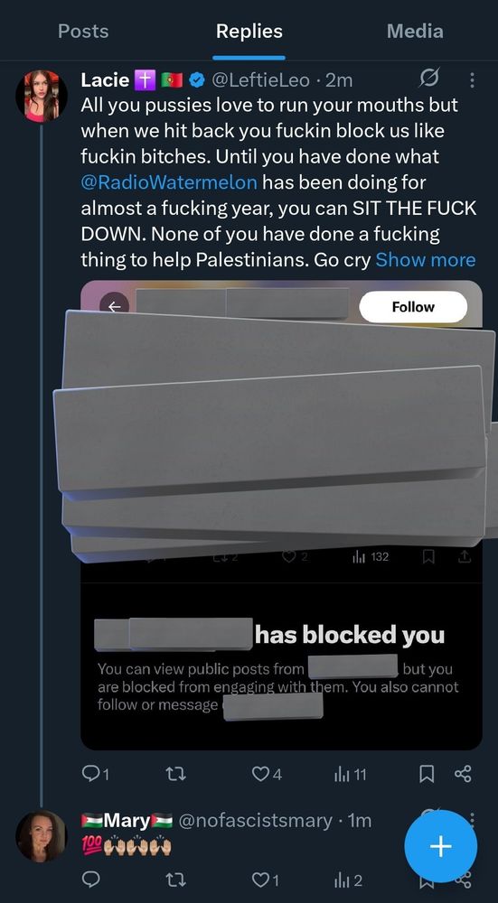 Lacie (LeftieLeo), in her own post where she screenshots an image of my Twitter page, which states I had blocked her, saying "All you pussies love to run your mouths but when we hit back you fuckin block us like fuckin bitches. Until you have done what @RadioWatermelon has been doing for almost a fucking year, you can SIT THE FUCK DOWN. None of you have done a fucking thing to help Palestinians. Go cry-". A reply from Mary (@nofacistsmary) under the post says, "💯🙌🙌🙌"