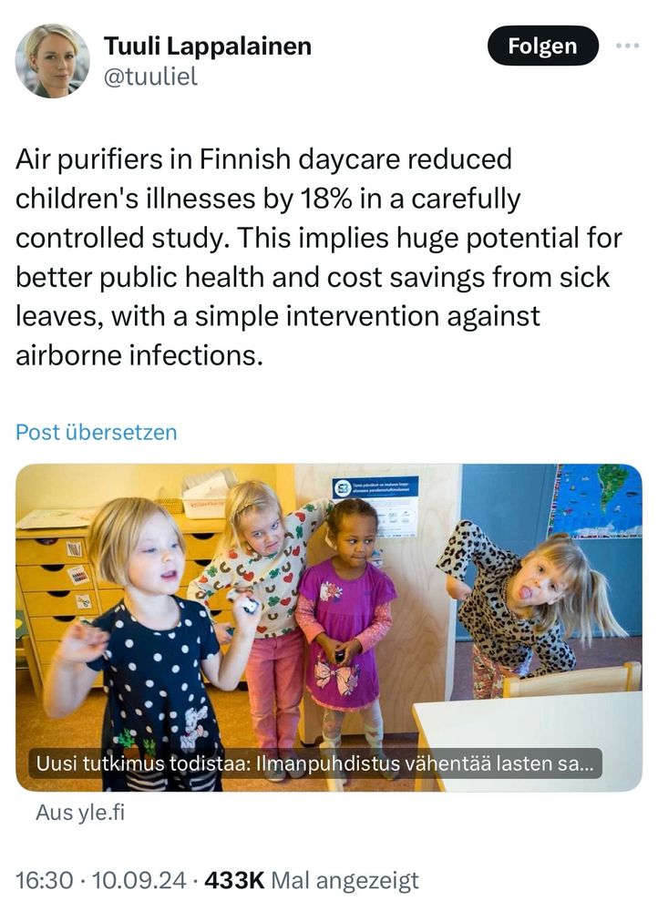Screenshot Post:

Tuuli Lappalainen @tuuliel
Folgen
Air purifiers in Finnish daycare reduced children's illnesses by 18% in a carefully controlled study. This implies huge potential for better public health and cost savings from sick leaves, with a simple intervention against airborne infections.