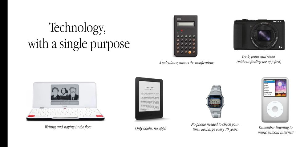 Technology with a single-purpose picture shows different devices that only have one purpose, like a calculator, a camera, or a Kindle.
