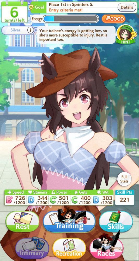 screenshot of the uma musume game during career training. for some reason, the uma you're training is saki kurokoma from touhou project.