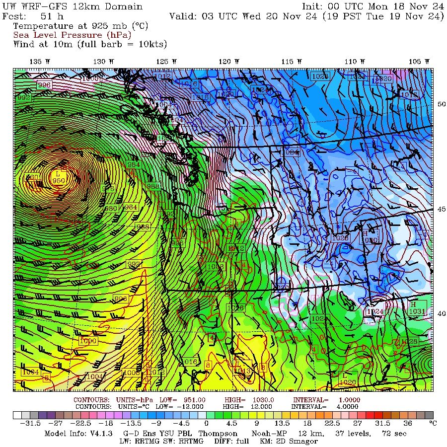 GFS forecast model showing a strong low pressure storm off the West Coast on Tuesday. 