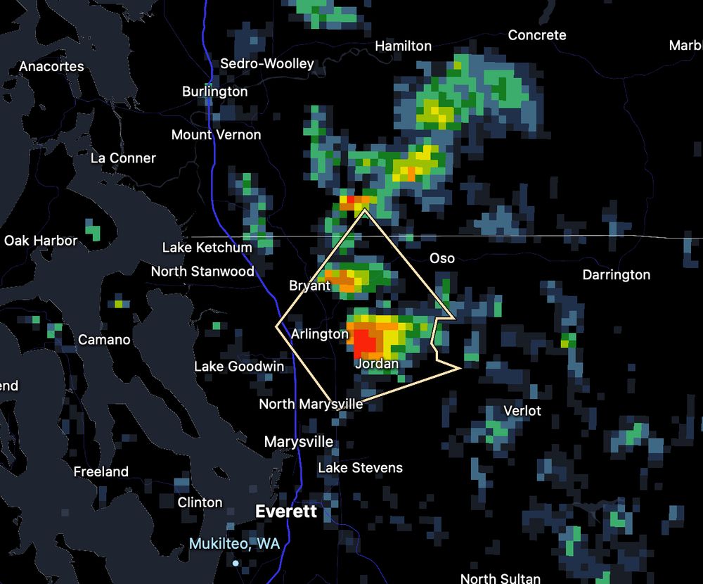Radar image from just after 6 p.m. Wednesday showing thunderstorm over northern Snohomish County. 