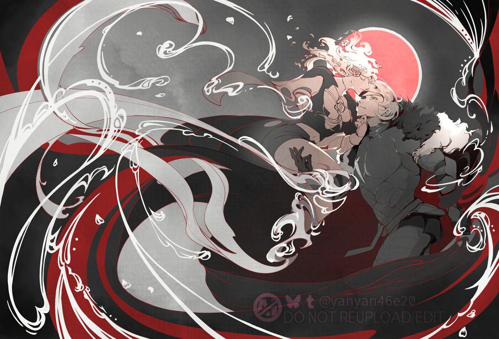 The cover of Memoriam, a Dimileth doujin.

Dimitri reaches for Byleth, who is disappearing into air and petals. A red moon glows behind them.
