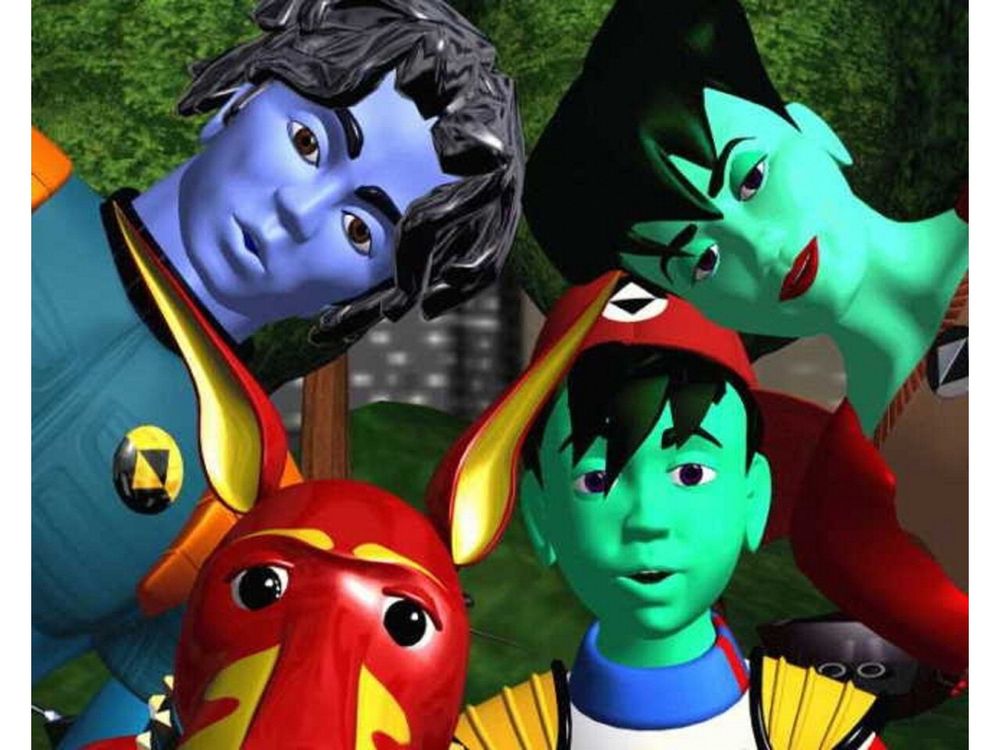 The main characters in reBoot (a 90’s 3D animation TV series where humans are blue or green) looking at the camera with expressions of surprise on their faces