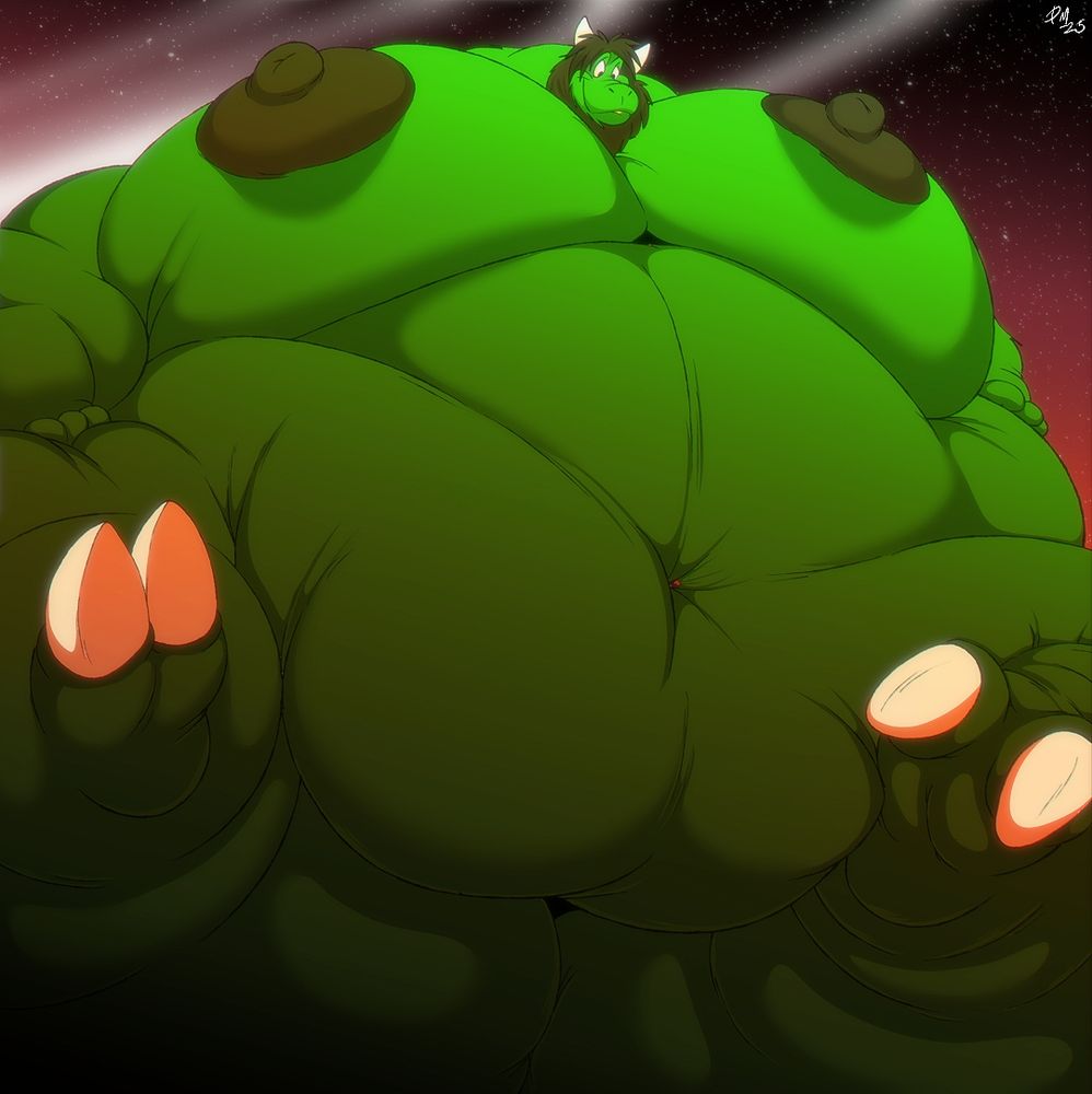 Gigantic green bull that looms over a tiny earth. 