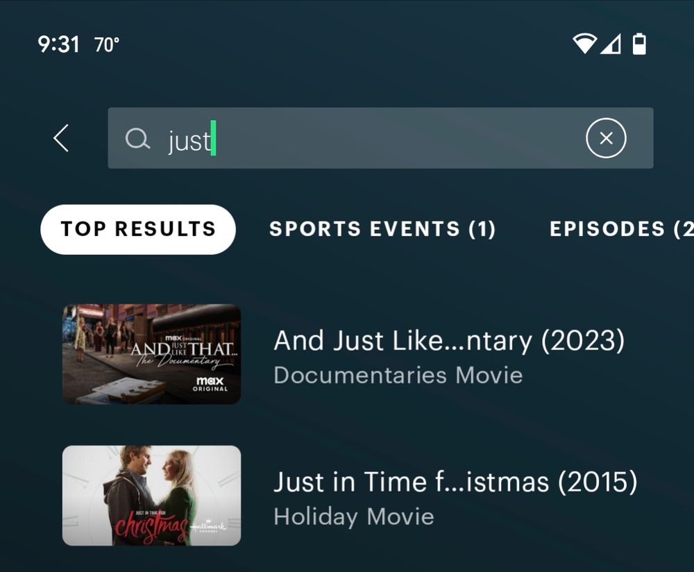 Screenshot of the Hulu app search page. The search term is "just" and the second result is "Just in Time f...istmas"