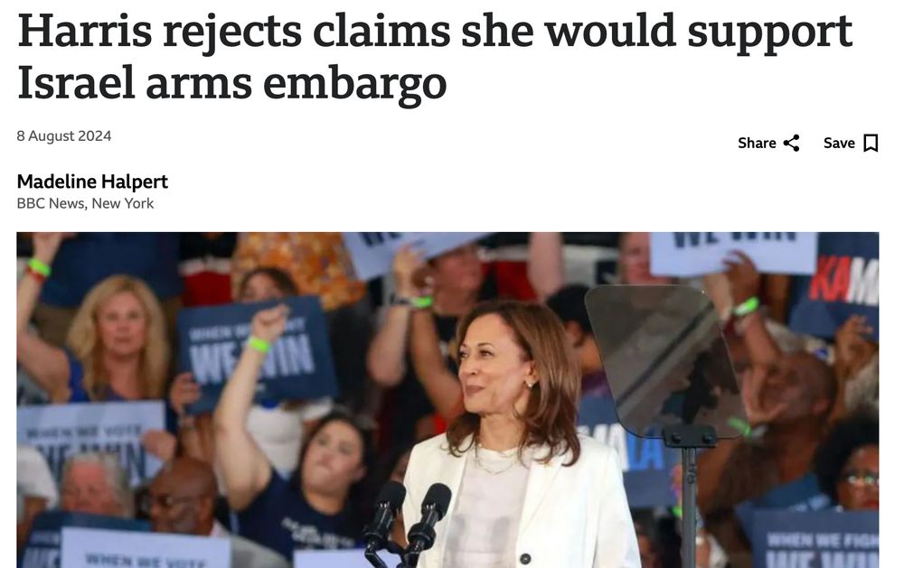 BBC: Harris rejects claims she would support Israel arms embargo