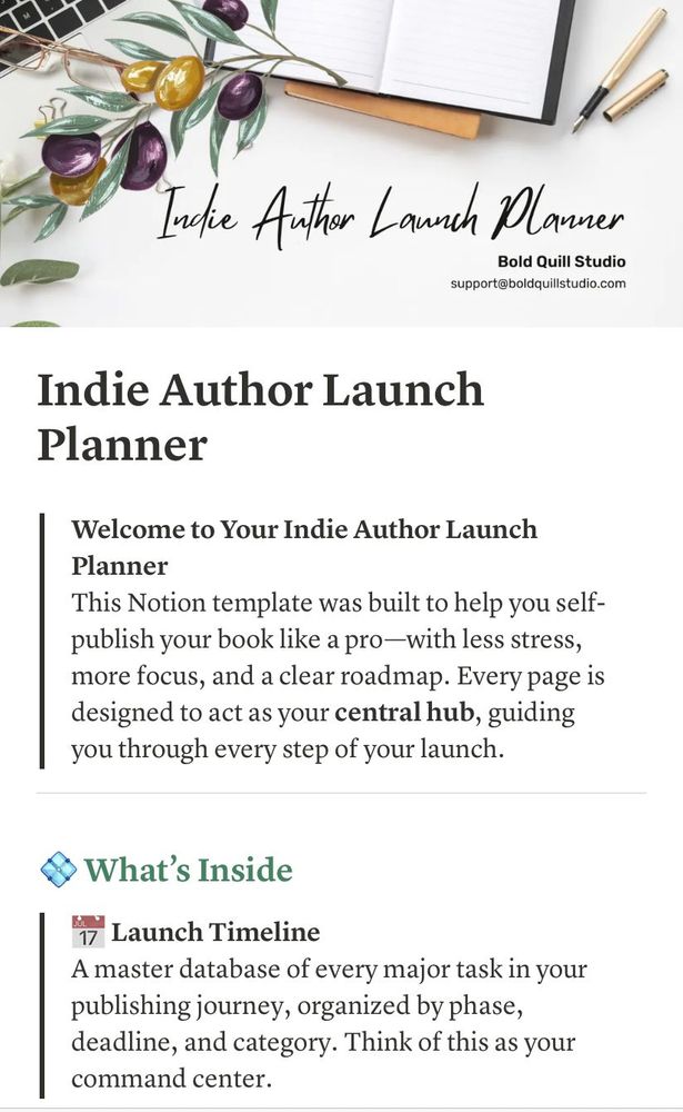 A screenshot of the free Indie Author Launch Planner Notion template from Bold Quill Studio. It shows an organized dashboard with a pre-launch checklist, making the book launch process look manageable.