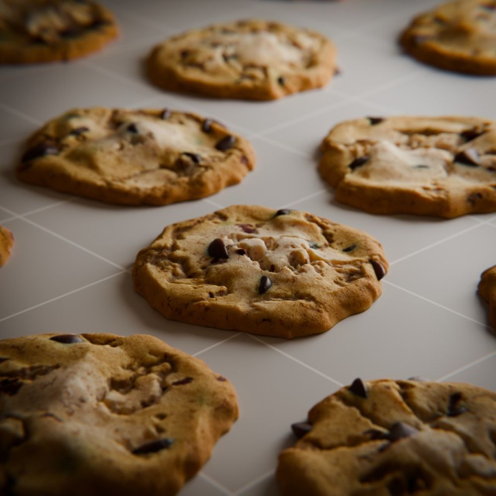 A 3D render of an array of chocolate chip cookies sitting on a plane with a grid.