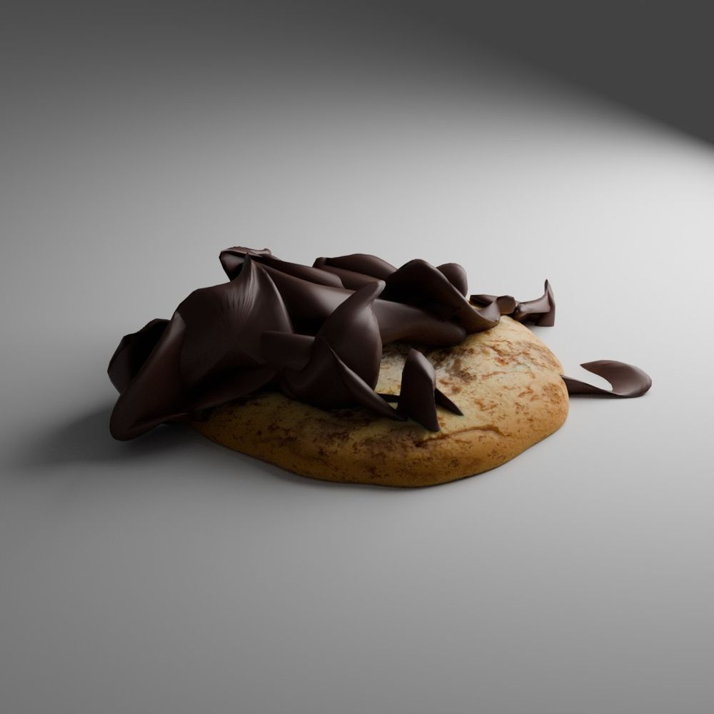 A 3D render of a chocolate chip cookie sitting on a white plane. The chocolate chips are way too large and very deformed, sticking well out of the cookie.