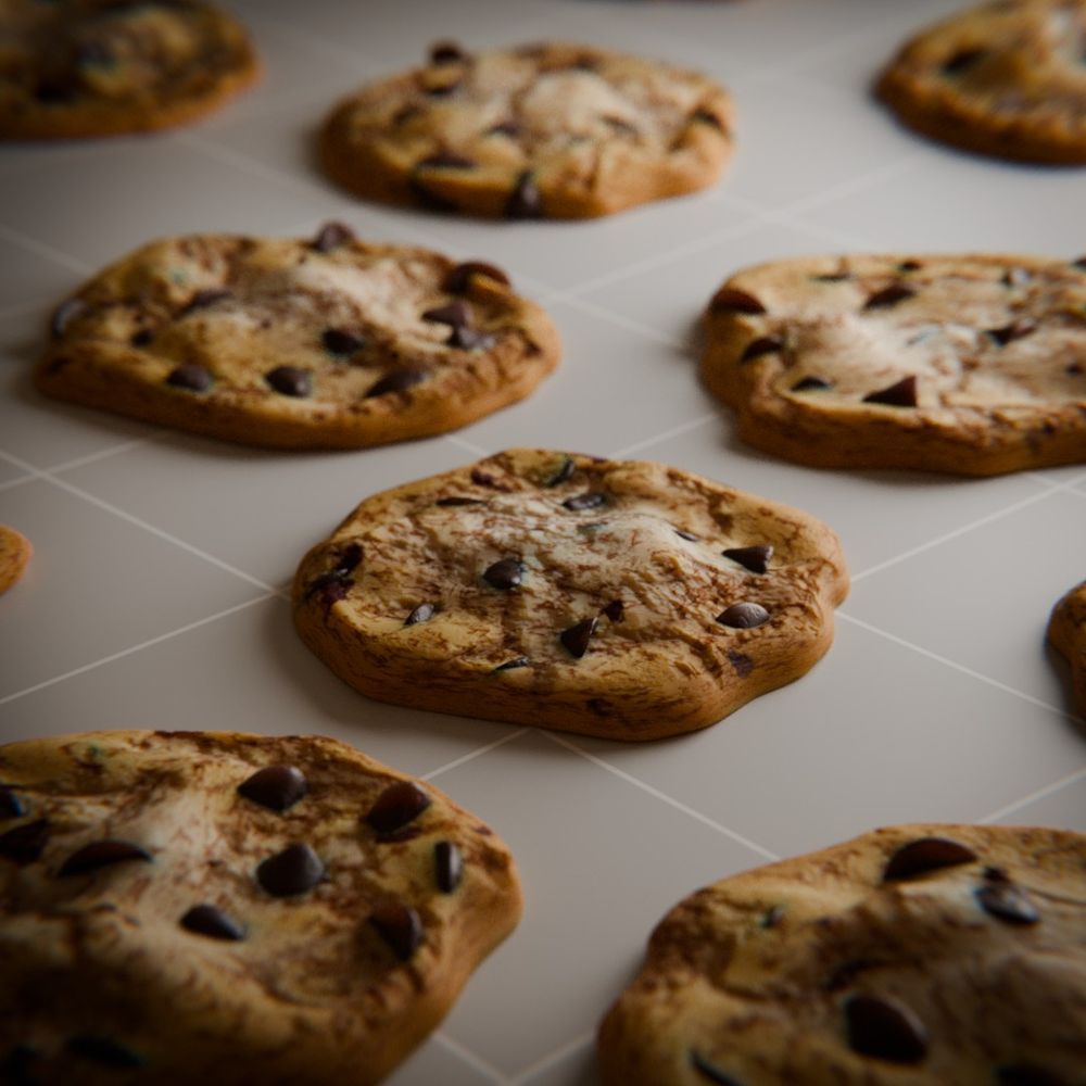A 3D render of an array of chocolate chip cookies sitting on a plane with a grid.