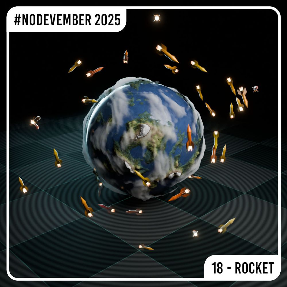 A 3D render of a plant being orbited by 40 small rockets. The planet looks earth-like, with large blue oceans, green land, and a cloud layer swirling over it. The rockets are red, orange, and yellow and fly all around it at varying altitudes. The render is not photorealistic but has realistic shading. The planet is floating above a holographic checkered floor. A white frame goes around the image, with the text #nodevember 2025" in the upper left corner and "18 - rocket" in the lower right.