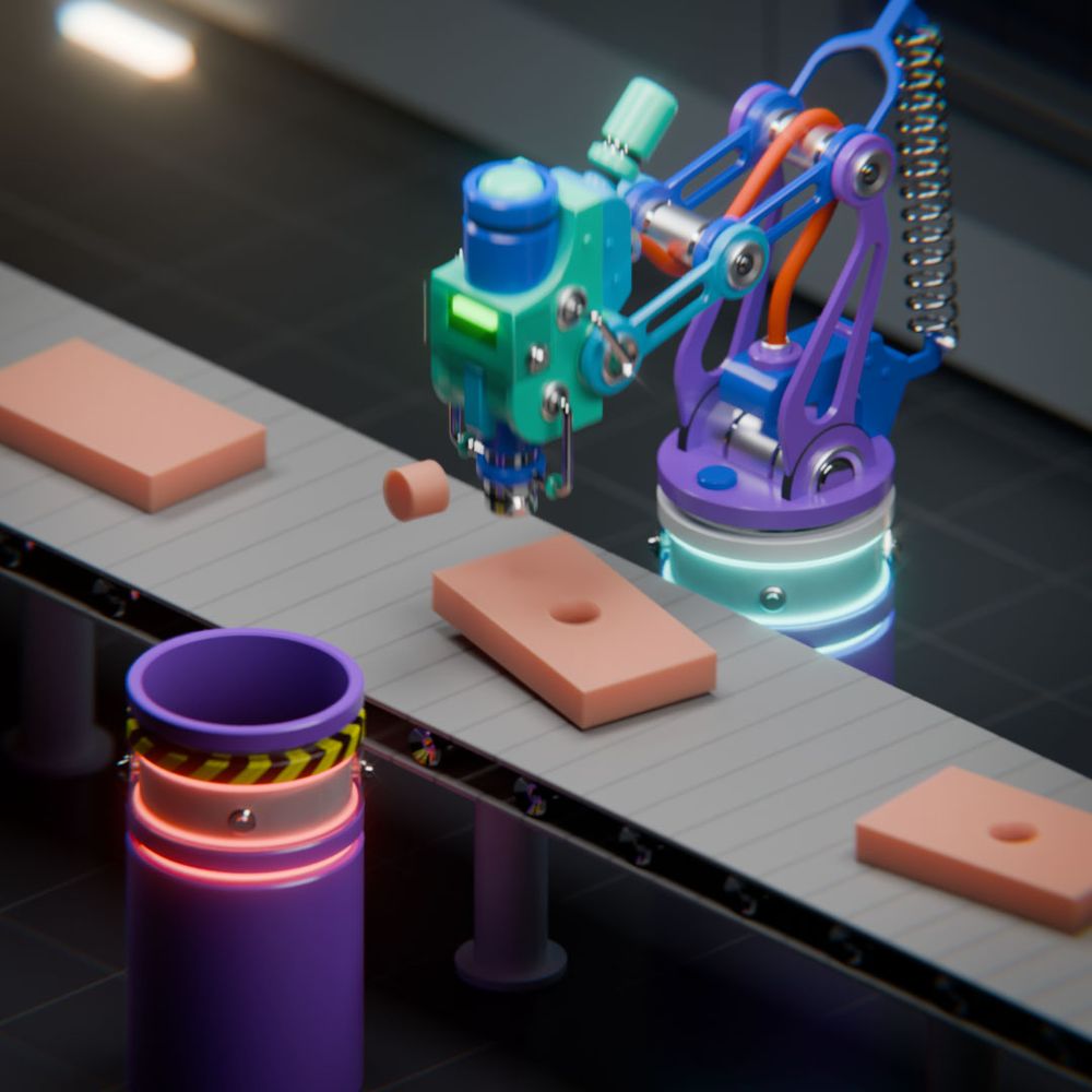 A 3D still image from an animation showing a colorful hole-punching machine hovering over a conveyor belt, with a series of pink slabs on it. One slab up the conveyor belt is whole, the one beyond the machine has a giant hole in it, and the one underneath the machine is in the middle of flopping back onto the conveyor belt, with a slice from it flying through the air towards a nearby receptacle.