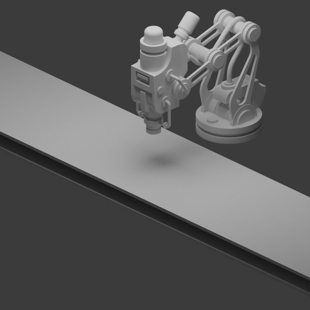 A 3D render of an uncolored, untextured machine that is hovering over a conveyor belt in a similar state. The machine looks like some kind of press attached to a multi-hinged arm, with a swivel at the bottom.