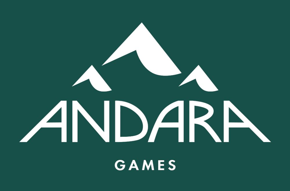 Andara Games' logotype, composed of the world Andara in a big font, with angled 'A's from which two mountain peaks come out. A bigger mountain peak is in the middle of those. Under the main word, reads 'Games' in a smaller font. Everything is white over a dark green background.