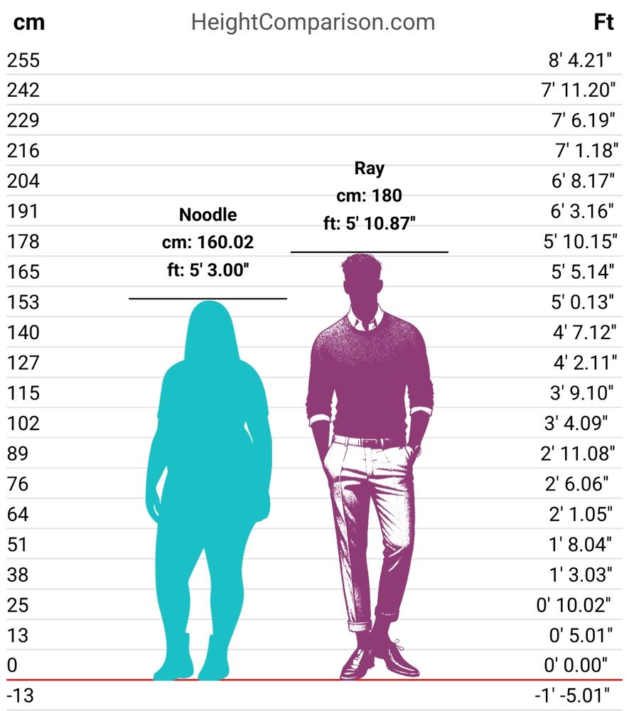 A height chart with Noodle's avatar on the left at 160.02cm and my avatar on the right at 180cm